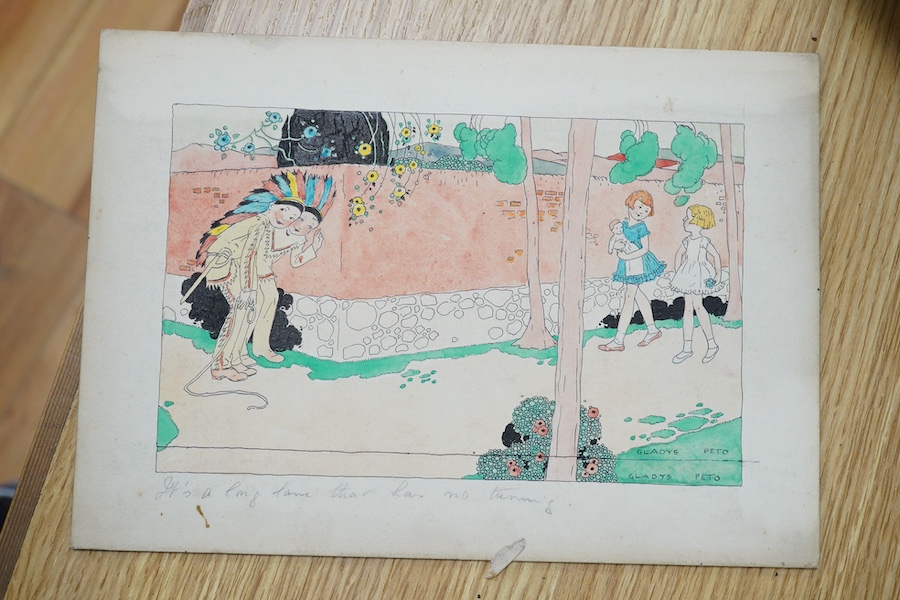 Gladys Peto (1891-1977), set of five original watercolours for childrens' postcard designs including 'When the cats away the mice will' each signed, inscribed in pencil to the margin, 18 x 24.5cm, unframed. Condition - f